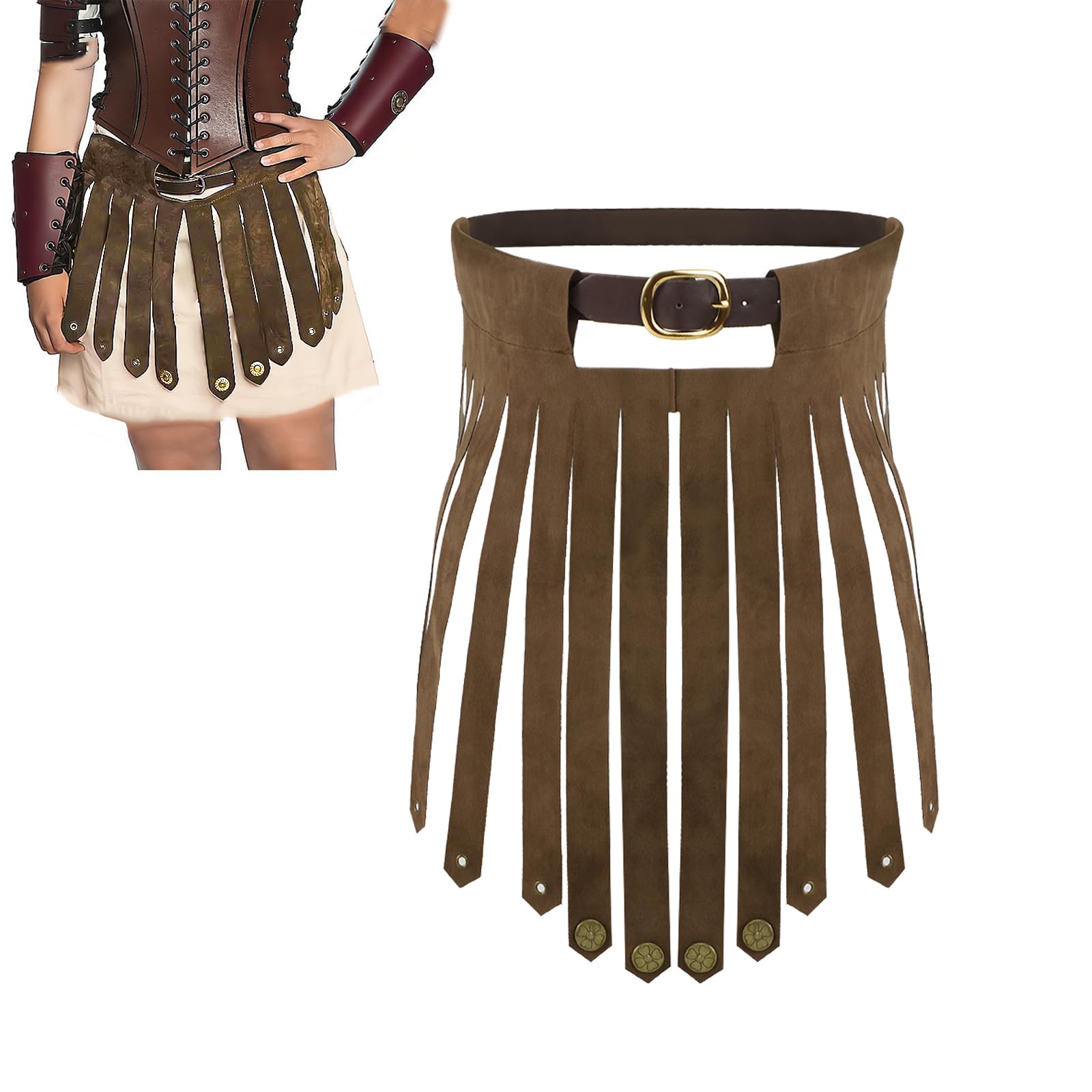 XINCHIA Medieval Punk Leather Tassel Skirt with Belt Viking Knight Armor Skirt Retro Roman Gladiator Dress Adjustable Belt Fancy Dress Medieval Costume Halloween Cosplay Costume Party Accessories