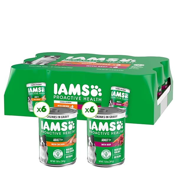 IAMS PROACTIVE HEALTH WET DOG FOOD ADULT, CANNED DOG FOOD, CHICKEN CHUNKS IN GRAVY AND BEEF CHUNKS IN GRAVY, 13 OZ. CANS, PACK OF 12