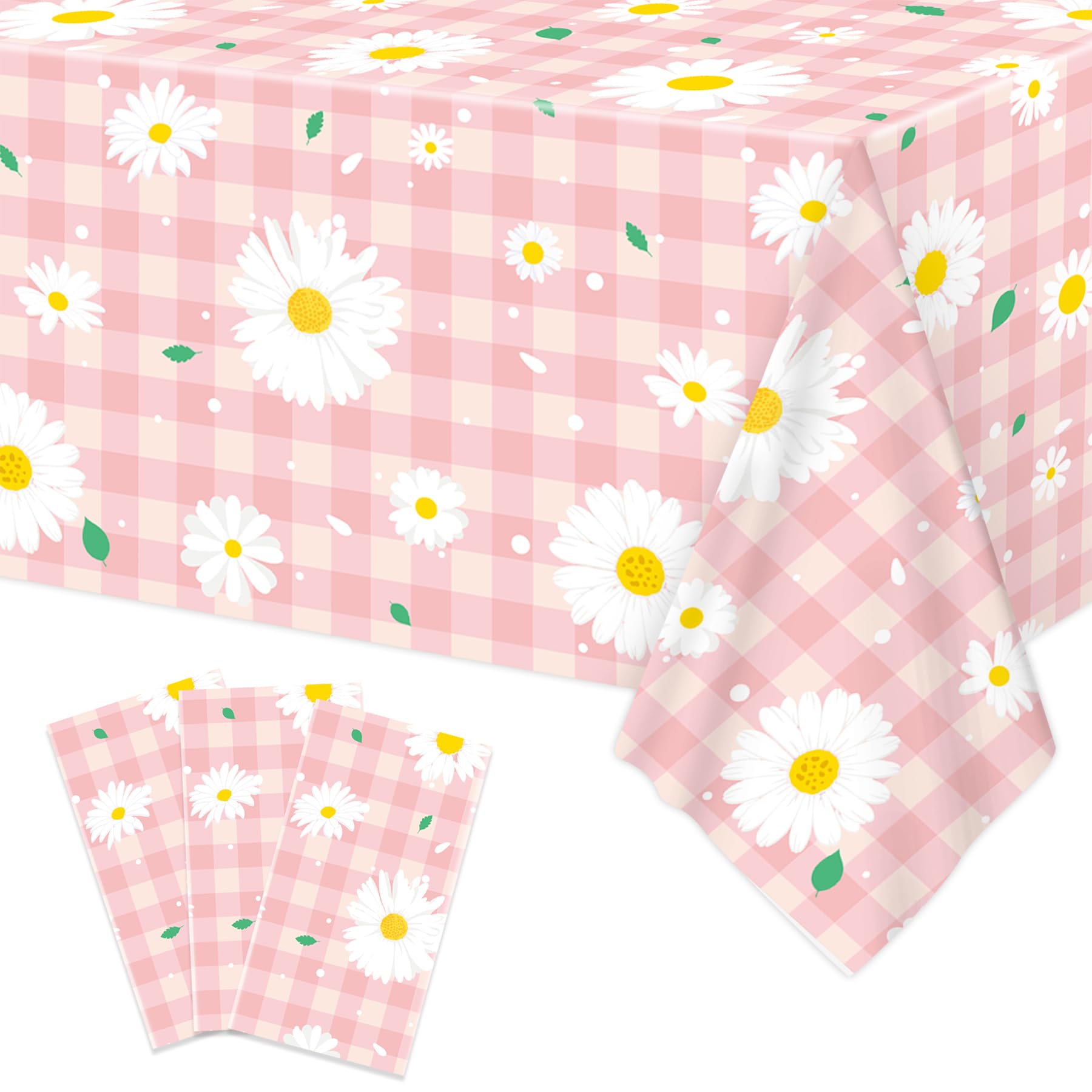 Lianxia daisy 3pcs Plastic Tablecloth, 54x108 Inch Spring Daisy Theme Table Cover, Pink Plaid Flower Tablecloth for Spring Floral Party, Baby Shower
