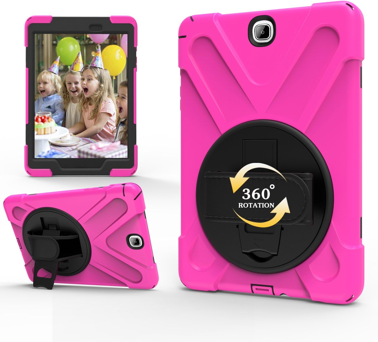 TianTa Galaxy Tab A 9.7 Case SM-T550 with Screen Protector, Three Layer Rugged Heavy Duty Shockproof Protective with Handle Strap, Shoulder Belt & Rotating Kickstand for Galaxy Tab A 9.7 - Hot Pink