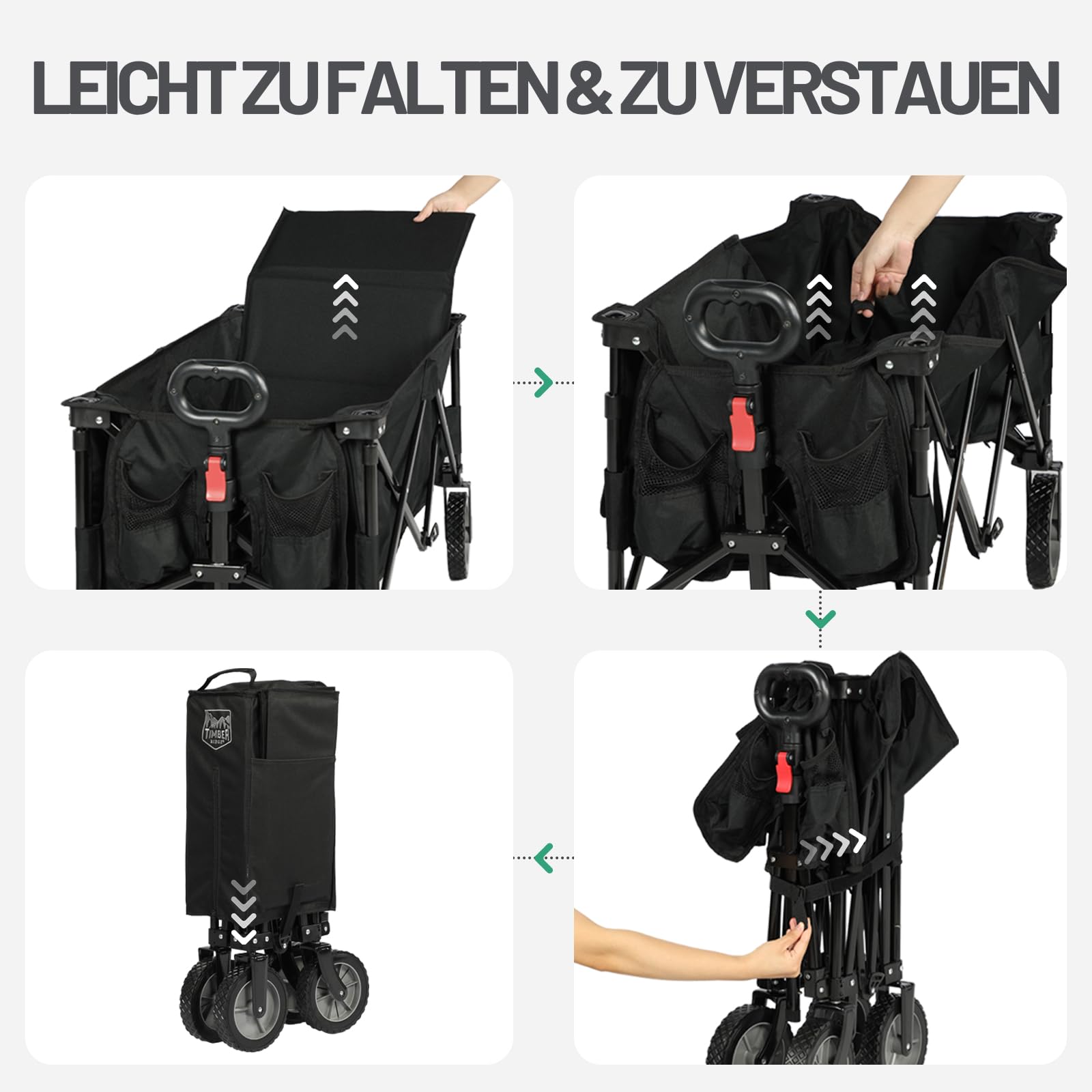 TIMBER RIDGE XXL Bollerwagen Faltbar Transportwagen mit Seitentasche Getränkehalter verstellbarem Griff, Gartenwagen für Alle Gelände, Draussen Camping Einkaufen 9