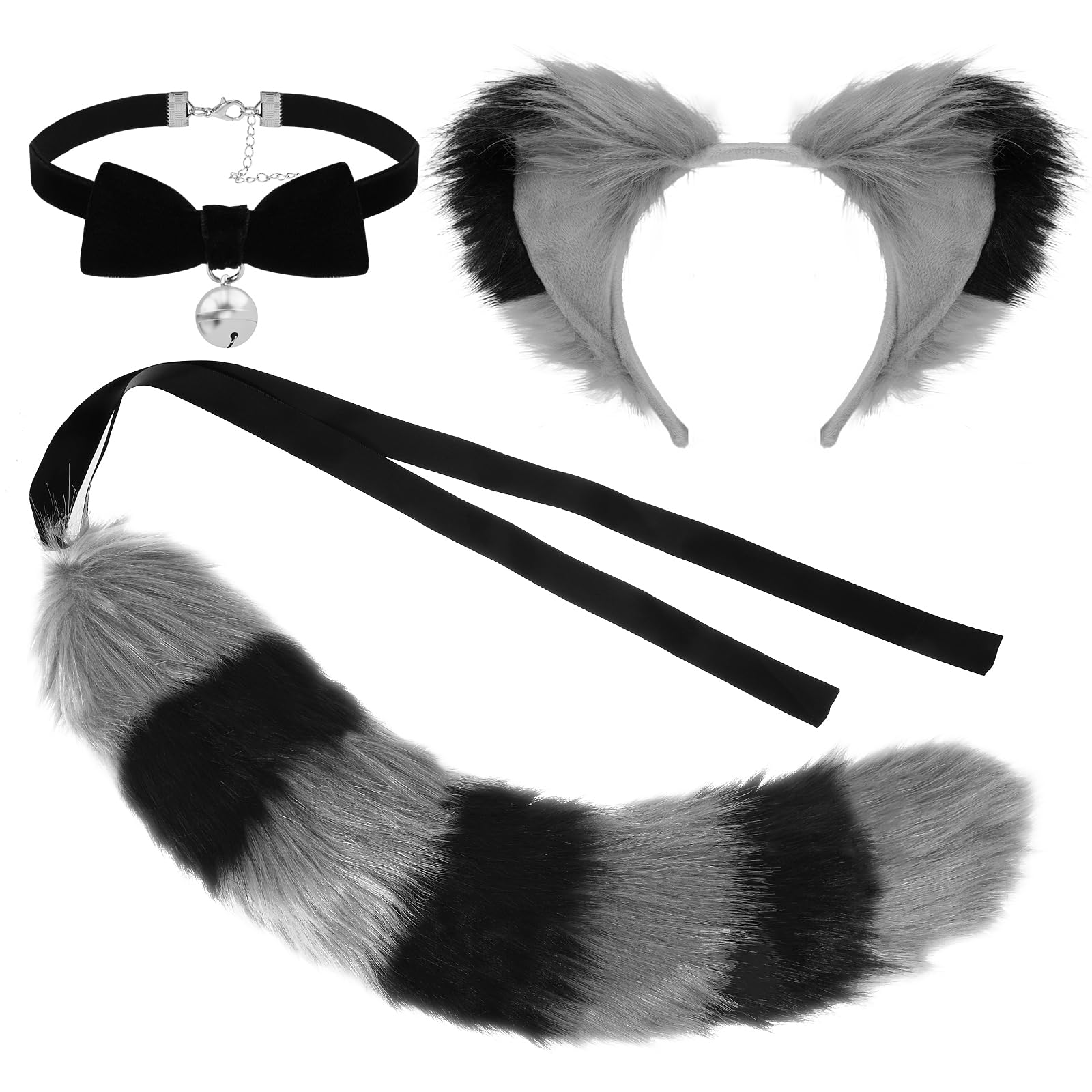 XEPST Fox Wolf Cat Cosplay Costume Set with Fox Wolf Cat Ears Animal Tail Kit Bells Choker for Anime Fancy Dress Party Halloween Christmas Dress Up Carnival Role Play
