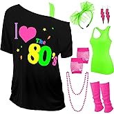 Didaey I Love The 80's Disco Outfits Costume Accessories for Women Shoulder Top Headband Earring Necklace for Halloween Party