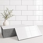 StyloVue 100 Pieces Peel and Stick Backsplash for Kitchen, 3" x 6" PVC Subway Tile, Glossy White with Dark Gray Grout, Self Adhesive Stick on Wall Tiles for Kitchen, Bathroom, Fireplace, RV