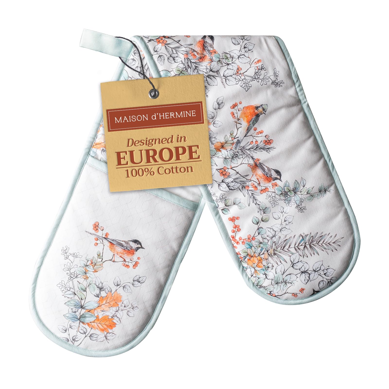 Maison d' Hermine Double Oven Mitt (18 cm x 89 cm) 100% Cotton Heat Resistant BBQ Cooking Gloves with Loop for Christmas Decorations Baking Cooking Barbeque Handling Hot Pan (Whitish Shabby Chique) — image 1