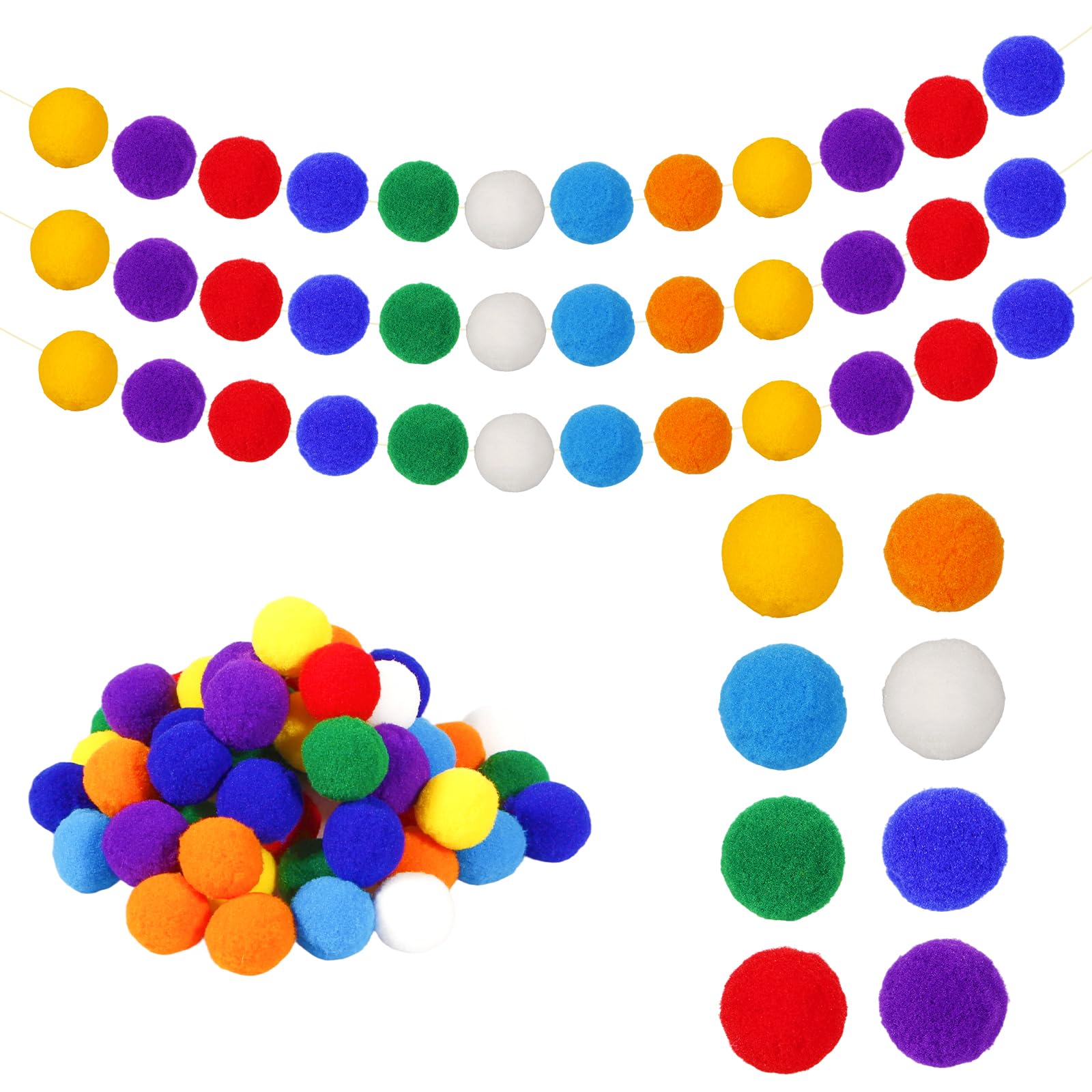 JEKUGOT 2 Pcs Pom Pom Garland, Rainbow Felt Garland Decorations, 60 Balls Pre Hanging Rainbow Baubles for Mantle and Nursery Hanging Decoration, Birthday Party, Diy Crafts (Colour)