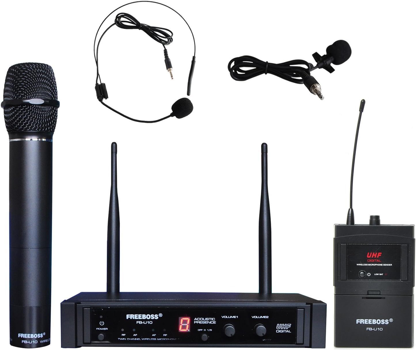 Freeboss FB-U10 Dual Way Digital UHF Wireless Microphone with Bodypack(1 Piece Lapel Mic + 1piece Headset Mic) and Handheld Mic