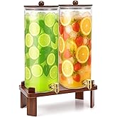 FillTouch 2 Pack 4 Gallon Glass Drink Dispenser with Acacia Wood Stand and Lid, Large Glass Beverage Dispenser with Spigot Perfect for Juice, Tea, Sangria, Lemonade, Weddings, Party, Outdoor Events