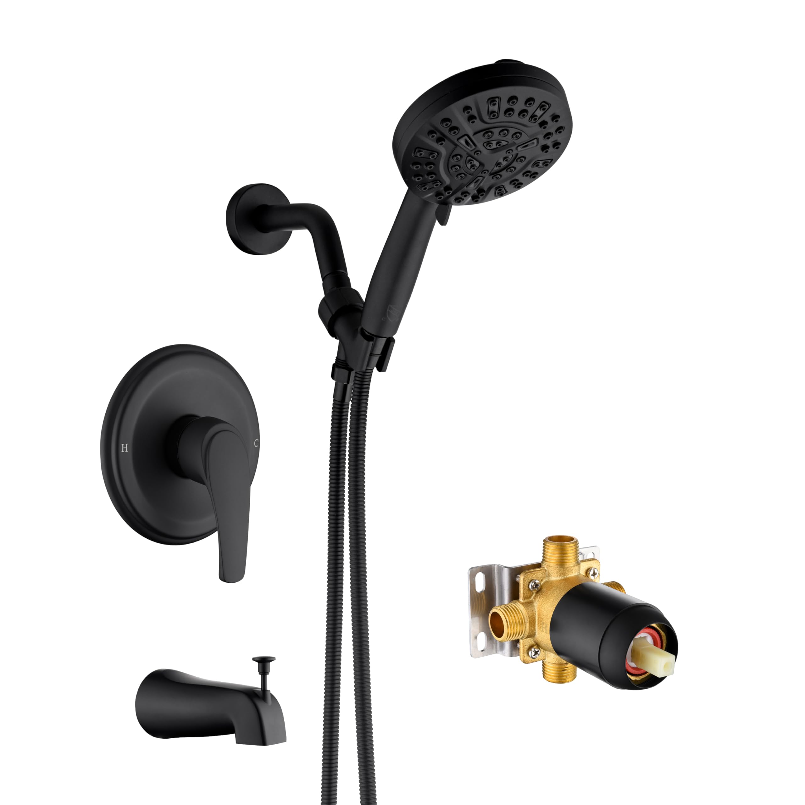 Photo 1 of KIRLYSTONE Tub Shower Faucet Combo, Matte Black Shower System 10 Patterns Handheld Shower Head with Tub Spout, Shower Trim Kit with Shower Head & Brass Valve