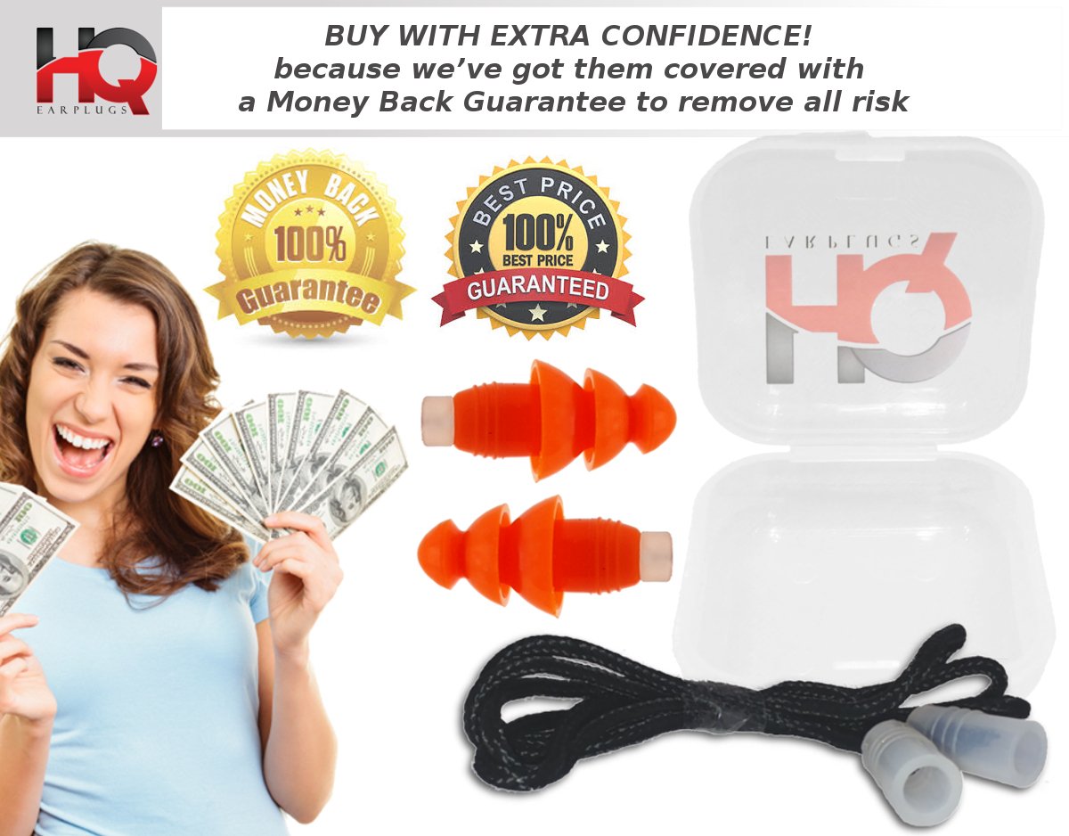 Soft Silicone Ear Plugs with Filter- Noise Cancelling & Hearing Protection By HQ Earplugs - NRR 25 to 29db – Water Block Ends – One Size Fits All (Orange)