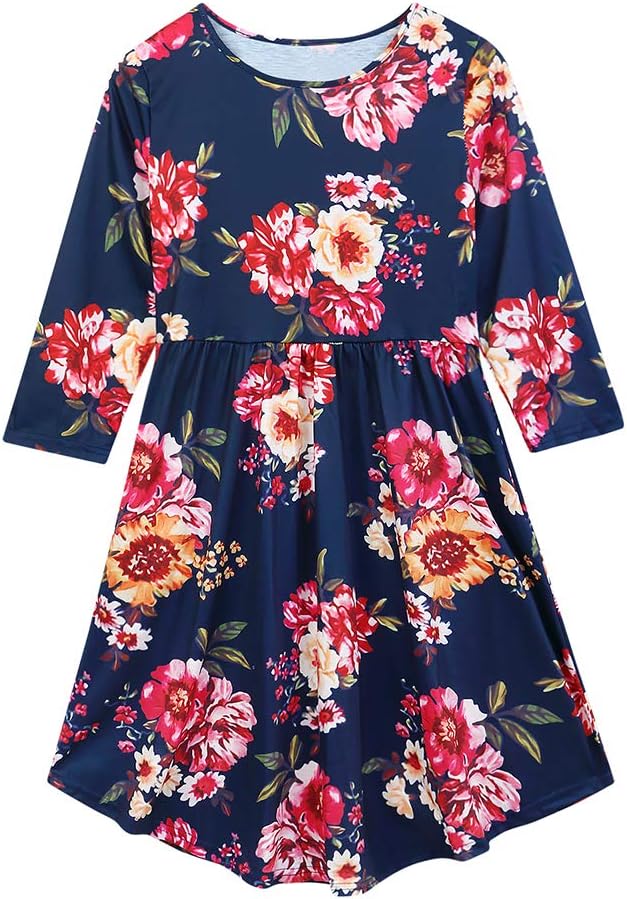 Mommy and Me Family Matching Dress Flower Long Sleeve Round Neck Maxi Dress