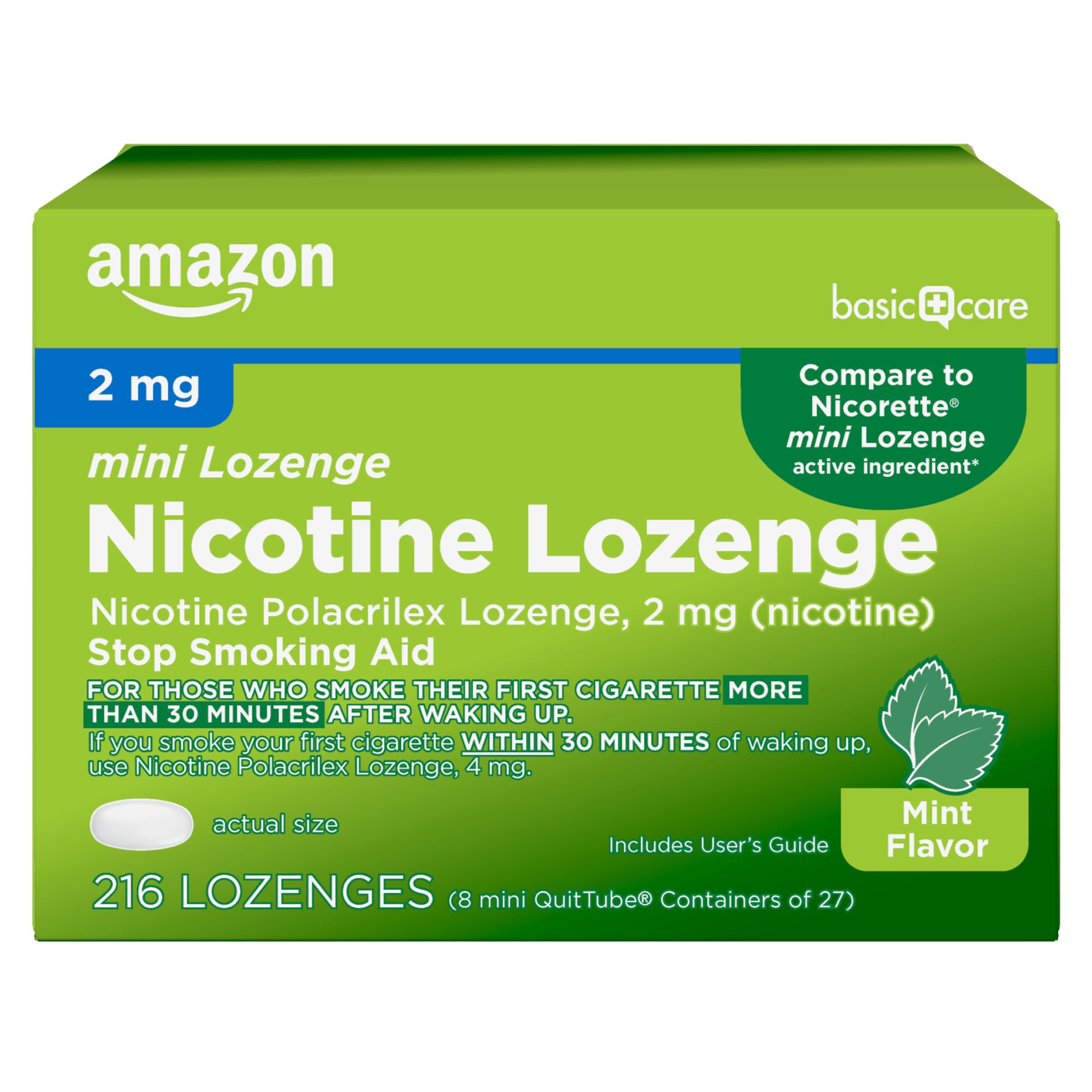 Photo 1 of Amazon Basic Care Nicotine Polacrilex Mini Lozenge, 2 mg (Nicotine), Stop Smoking Aid, Mint Flavor, 216 Count (Packaging may vary)