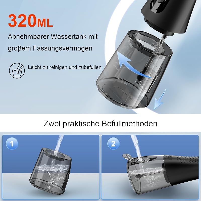 Munddusche, 320 ml, 5 Düsen, 4 Modi, USB-C, IPX7, Schwarz