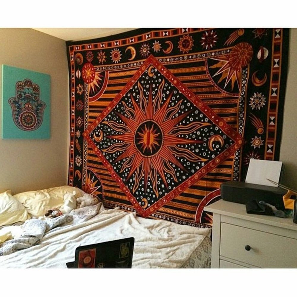 Popular Handicrafts Tapestry Wall Hanging Hippie Burning Sun Celestial Bohemian Hippy Intricate Indian Tapestries Bedspread 54"x82",(140cm x 210cm) Golden — image 1