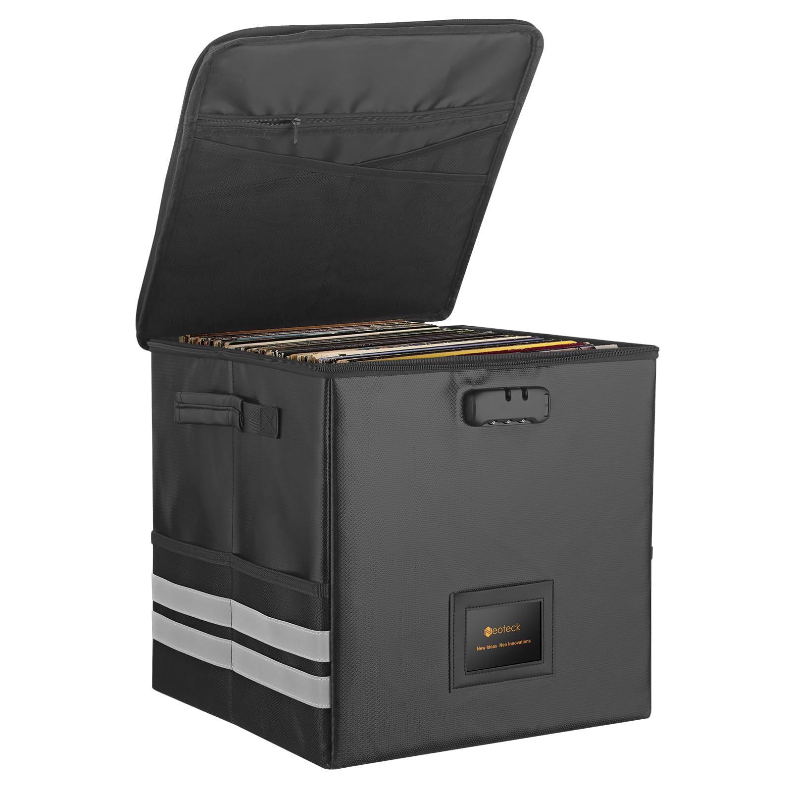 Neoteck Vinyl Record Storage 31x31x31cm Triple Layer Protection 3-Digit Combination Lock, Foldable Record Storage Mesh Pockets Reflective Strips for Home Studio Garage Setups Vinyl Enthusiasts Djs