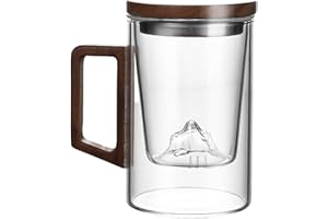 YUMUE Japanese Design Borosilicate Glass Tea Infuser Mug with Mountain Design, 500ml / 16.9oz Cup with Glass Infuser, Wooden 