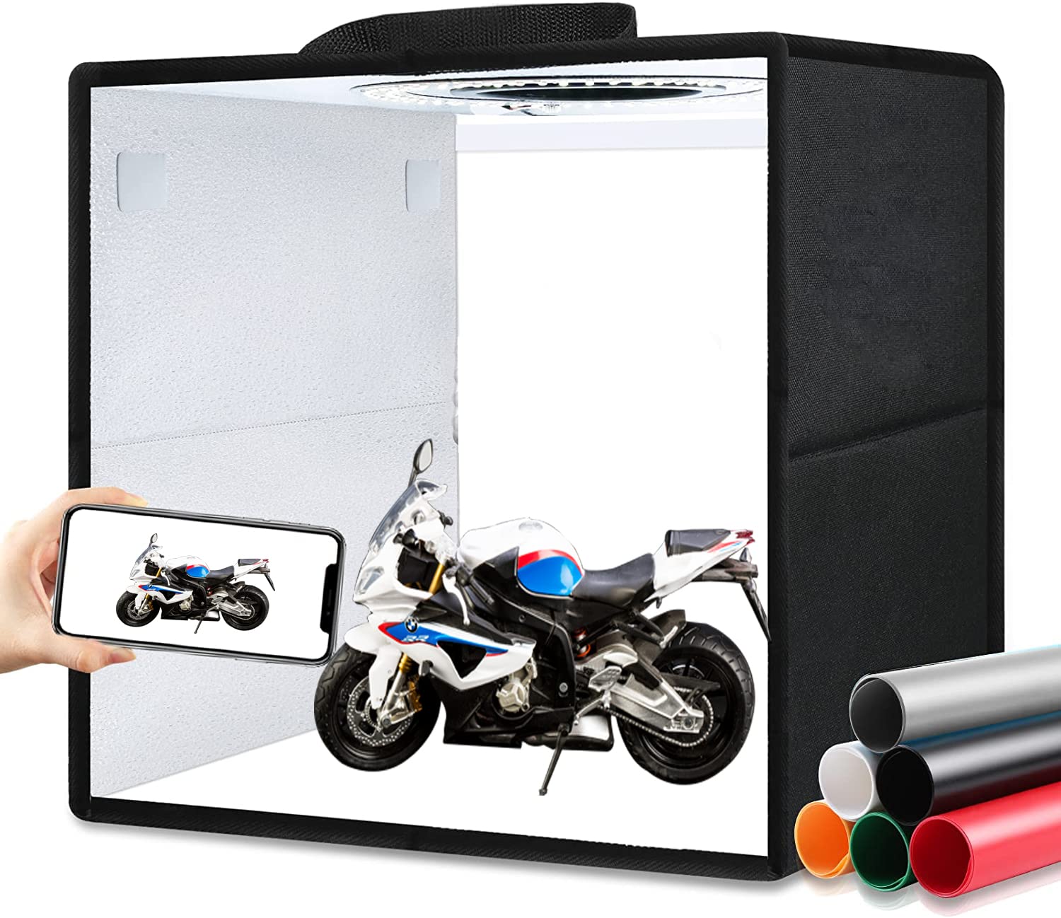 BEIYANG Photography Shooting Tents 16x16IN, Folding Photo-Box Booth PVC Shooting Kit, with 128 Dimmable LED Lights and 6 Colors Photo Backdrop Papers, Easy to Install and Clean