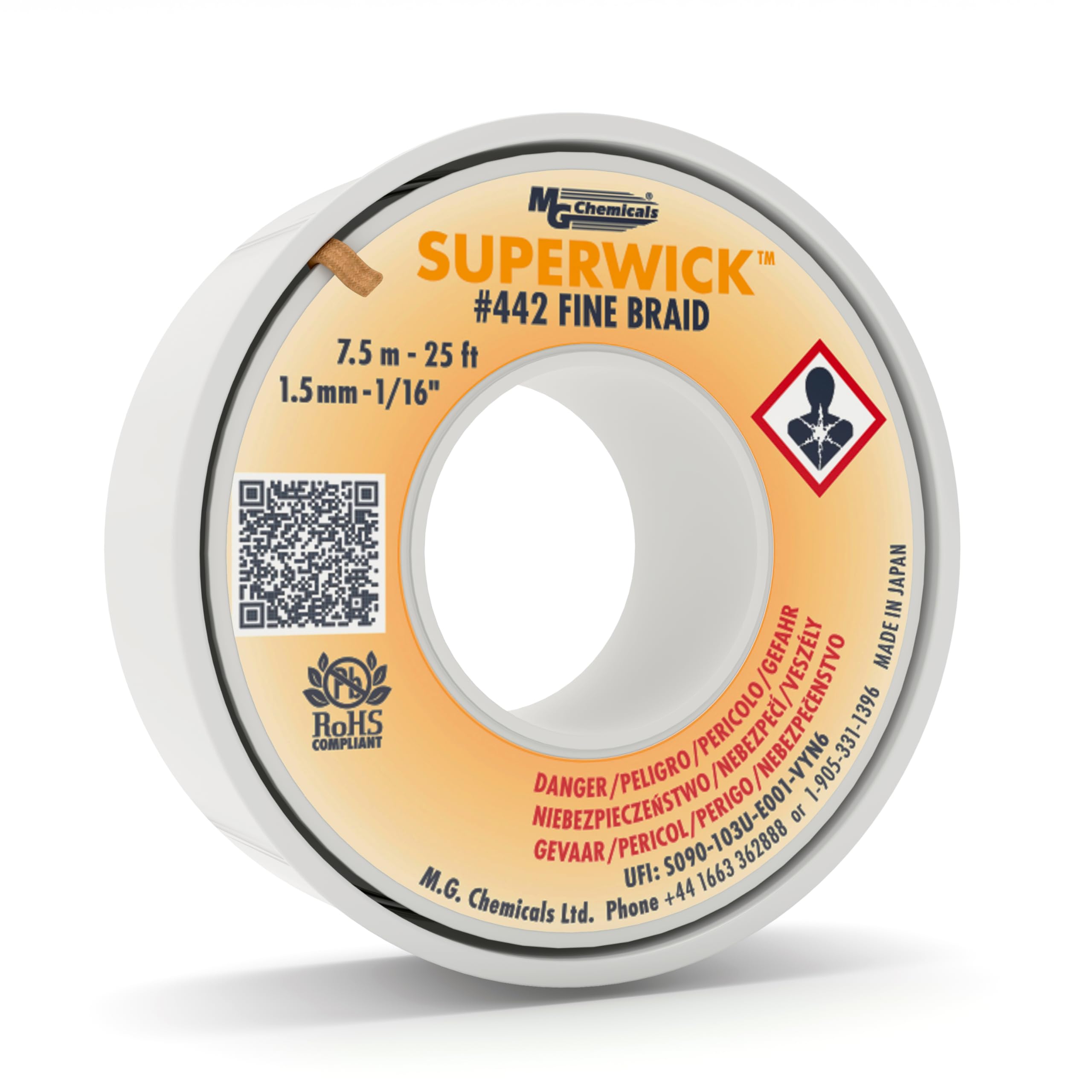 MG Chemicals Desoldering Braid #2 Fine Braid Super Wick with RMA Flux, 25' Length x 0.05" Width, Yellow