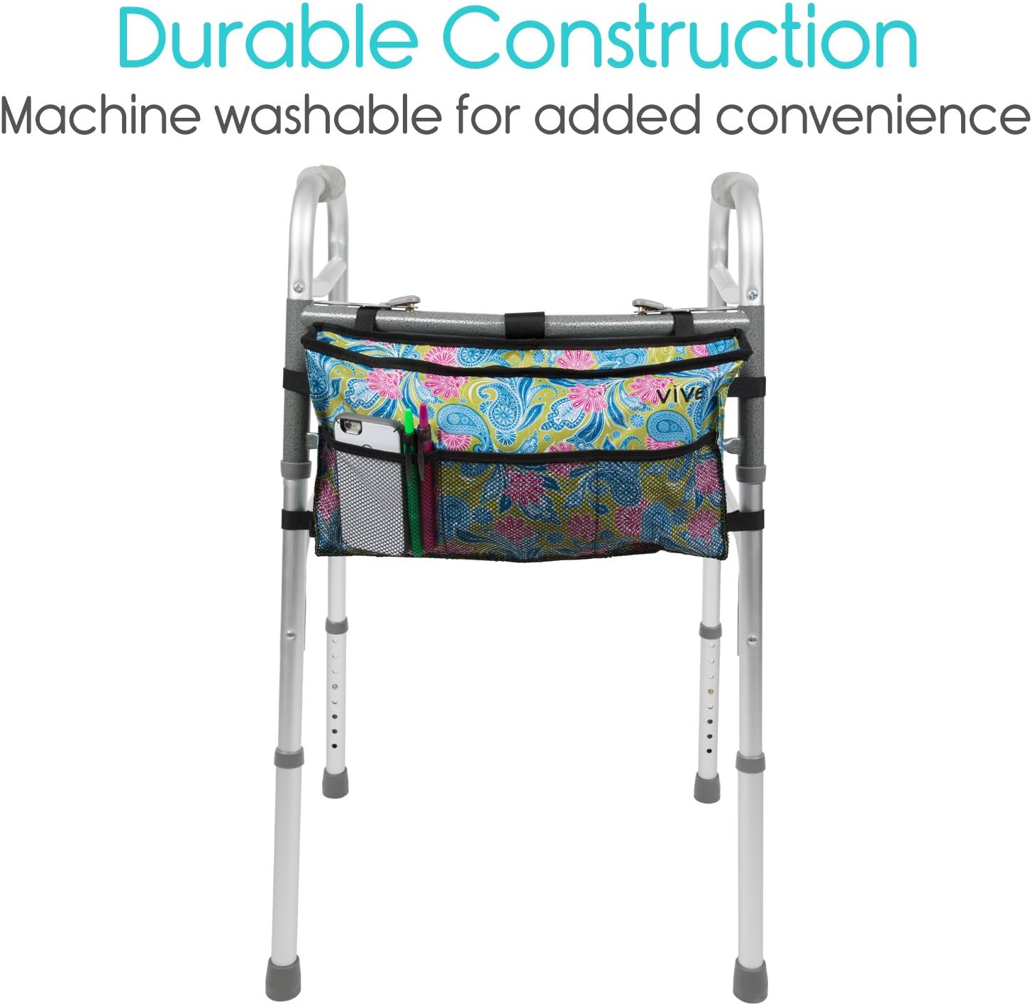 Vive Walker Bag - Water Resistant Accessory Basket Provides Hands Free Storage for Folding Walkers - Attachment Fits Wide and Narrow Styles - Tote Caddy Pouch for Elderly, Seniors, Handicap, Disabled: Health & Personal Care