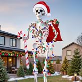 12 Foot Skeleton Christmas Outfit,Giant 12FT Skeleton Clothes Accessories Including Giant Santa Hat with Drawstring to Secure,Big Santa Bag,Inflatable Candy Cane,16.4FT Lights for Xtmas Outdoor Decor