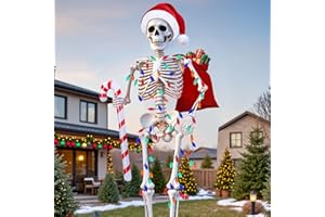 BOBBLET 12 Foot Skeleton Christmas Outfit,Giant 12FT Skeleton Clothes Accessories Including Giant Santa Hat with Drawstring to Secure,Big Santa Bag,Inflatable Candy Cane,16.4FT Lights for Xtmas Outdoor Decor
