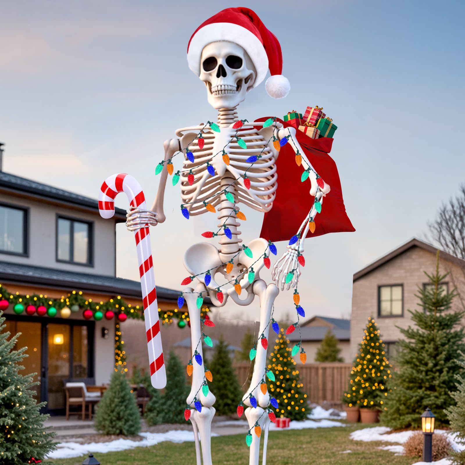 Photo 1 of 12 Foot Skeleton Christmas Outfit,Giant 12FT Skeleton Clothes Accessories Including Giant Santa Hat with Drawstring to Secure,Big Santa Bag,Inflatable Candy Cane,16.4FT Lights for Xtmas Outdoor Decor