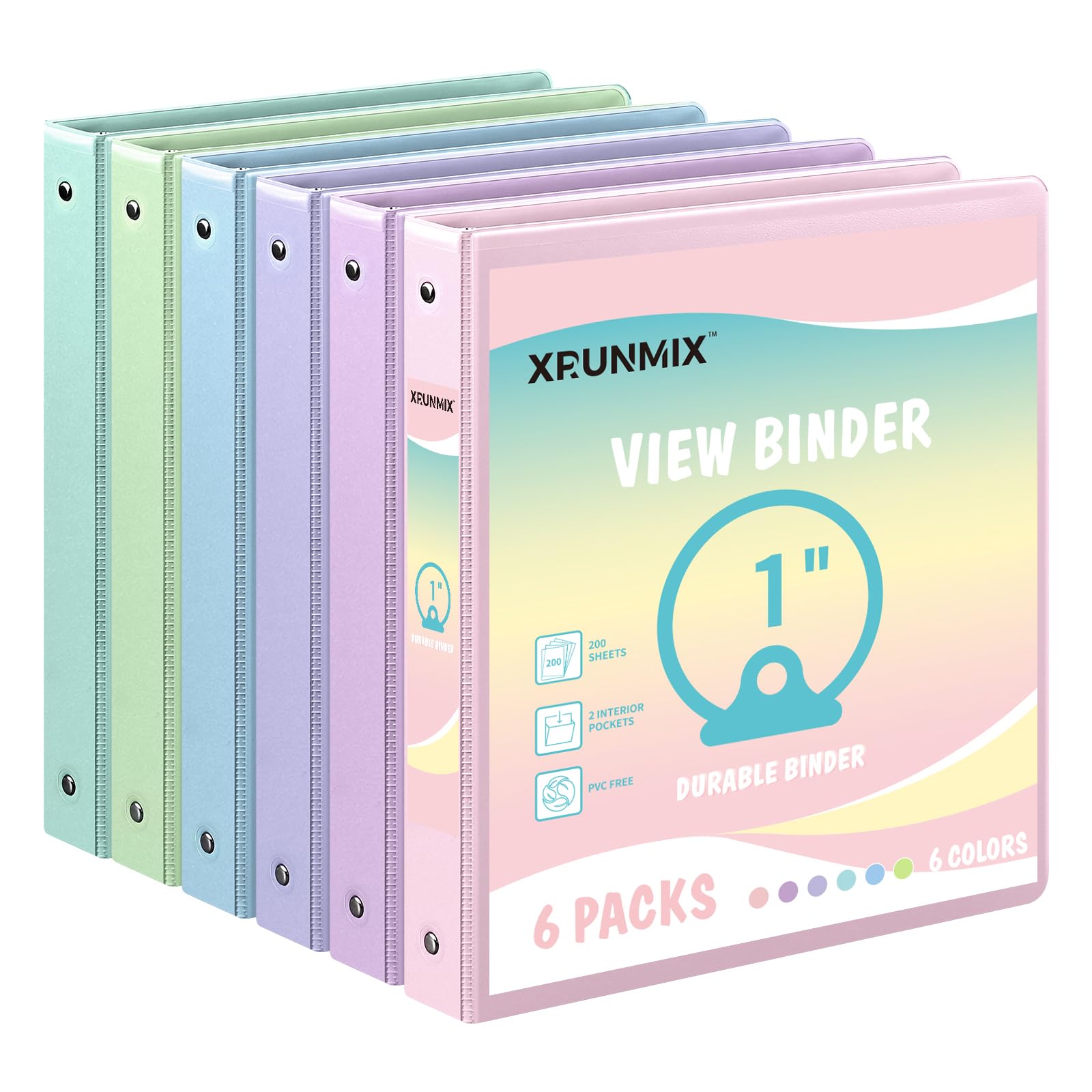 Photo 1 of 1-inch 3-Ring Binder with Pockets, Basic Binders 1'' Pastel Color Binders, Holds Letter Size 8.5'' x 11'',200 Sheet Capacity, Bundle 6 Pack for Back to School (1-Inch)