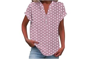 Womens Summer Tops Short Sleeve Shirts Loose Shirts Cotton Linen Work Blouses Henley V Neck Polk Dot Print Clothes
