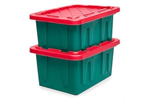 HOMZ 2-Pack Durabilt, Heavy Duty Plastic Storage Bins with Lids, 15 Gallon, Green/Red - Stackable Container Boxes for Holiday, Attic, and Garage Organization