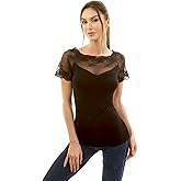 AmélieBoutik Women Floral Lace Scalloped Boat Neck Raglan Short Sleeve Inset V Neck Blouse Top