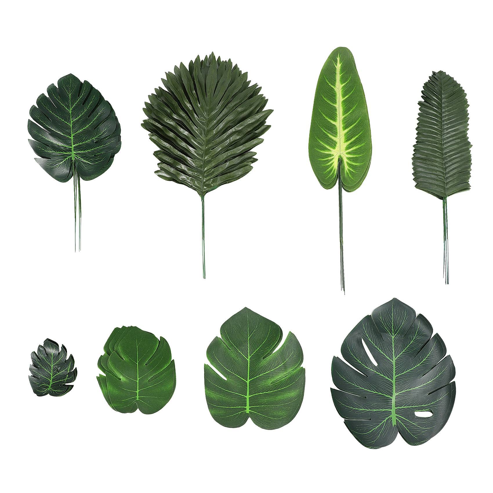 Jcevium 68 Pieces 8 Kinds Tropical Party Decorations Monstera Leaves, Artificial Leaves with Faux Stem,Green
