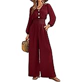 LOOKBOHO Womens Jumpsuits Long Sleeve V Neck Dressy Casual 2026 High Waist Romper Wide Leg Pants One Piece Outfits