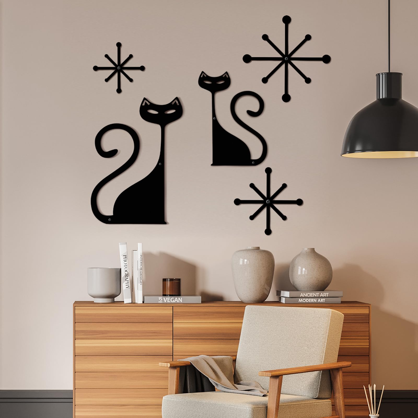 Photo 1 of Wesiti 5 Pcs Mid Century Modern Atomic Cute Cat Wall Art Decor Vintage Metal Wall Decor Cartoon and Atomic Stars Retro Aesthetic Cute Home Decoration for Kitchen Bathroom Lovers Gifts