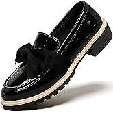 Women's Patent Leather Bow Chunky Heel Loafers Fashion Round Toe Lug Sole Low Block Heel Elegant Dress Shoes for Everyday Business School Office Work Wear
