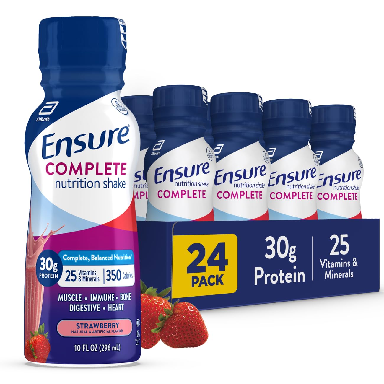 Ensure COMPLETE Strawberry Nutrition Shake, Complete, Balanced Meal Replacement, Ready To Drink, 30g Protein, 25 Vitamins & Minerals, 10 fl oz—24 Pack Image