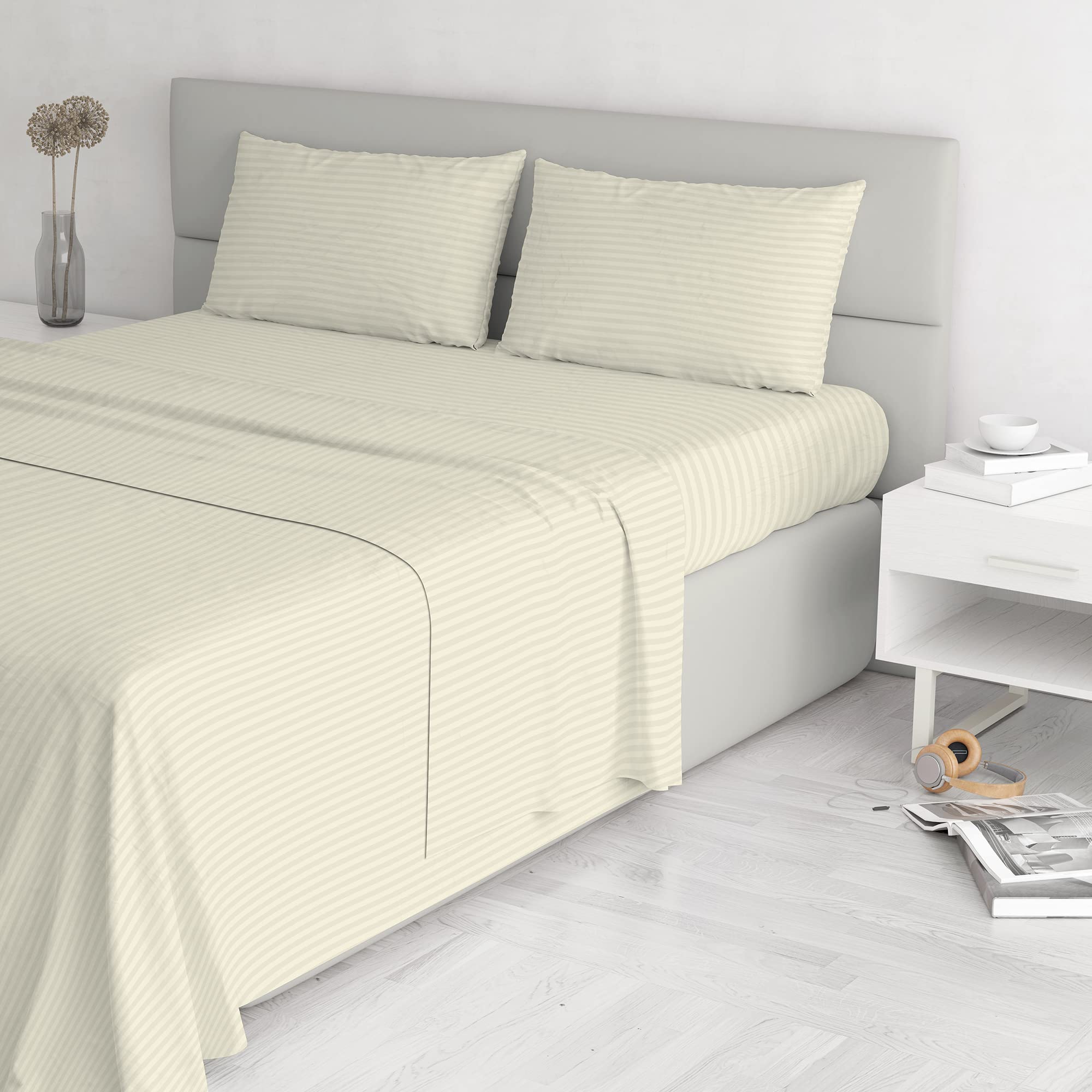 Italian Bed Linen Satin stripes Bed linen set, double, cream, Polyester