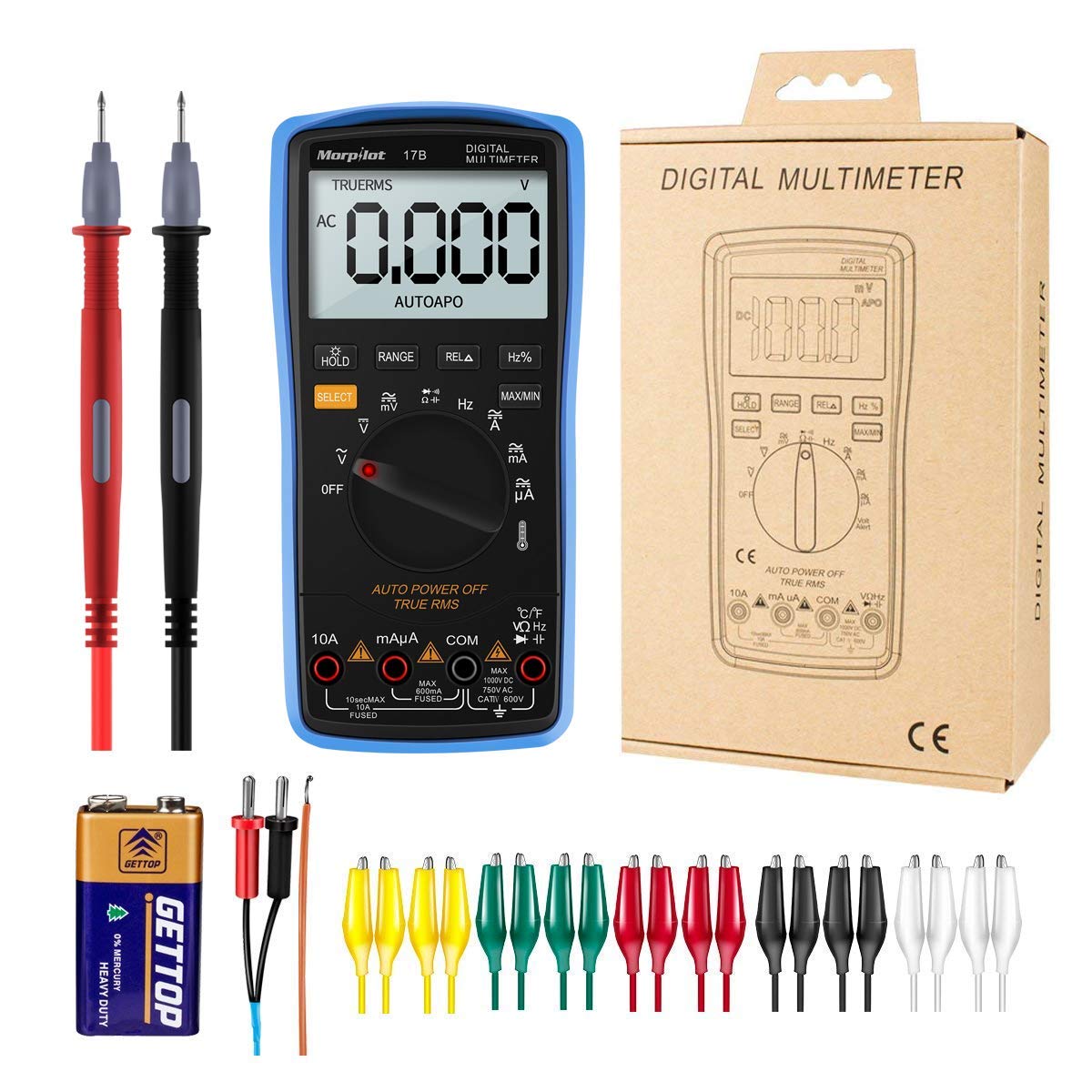 Digital Multimeter, Morpilot Auto-Ranging 6000 Counts DC/AC Voltage & Current, Resistance, Frequency, Continuity, Capacitance, Diode, Temperature, 3.0 Inch Backlight Large LCD Display & Test Leads