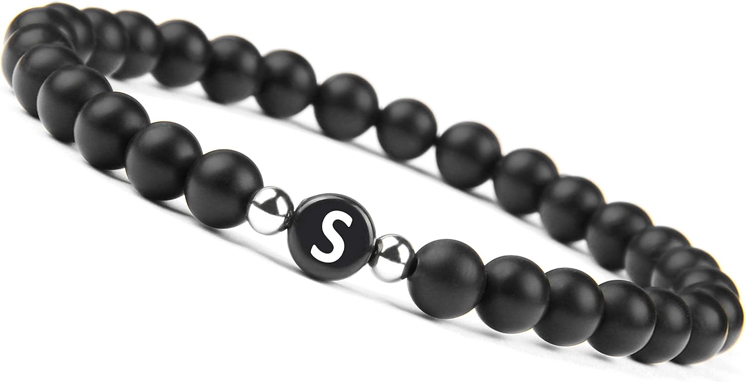GD GOOD.designs EST. 2015 Bracelet with letter S for couples I partner bracelet with real 6mm natural stone beads I Valentines Day gift for women and men