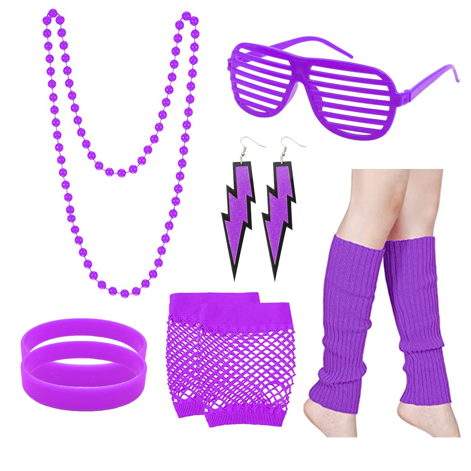 WanderGo 10Pcs 80s Accessories for Women, 80s Fancy Costume Accessories Set with Retro Neon Rosy Necklace Earring Glasses Bracelets Gloves Leg Warmers for World Book Day Costume(Purple)