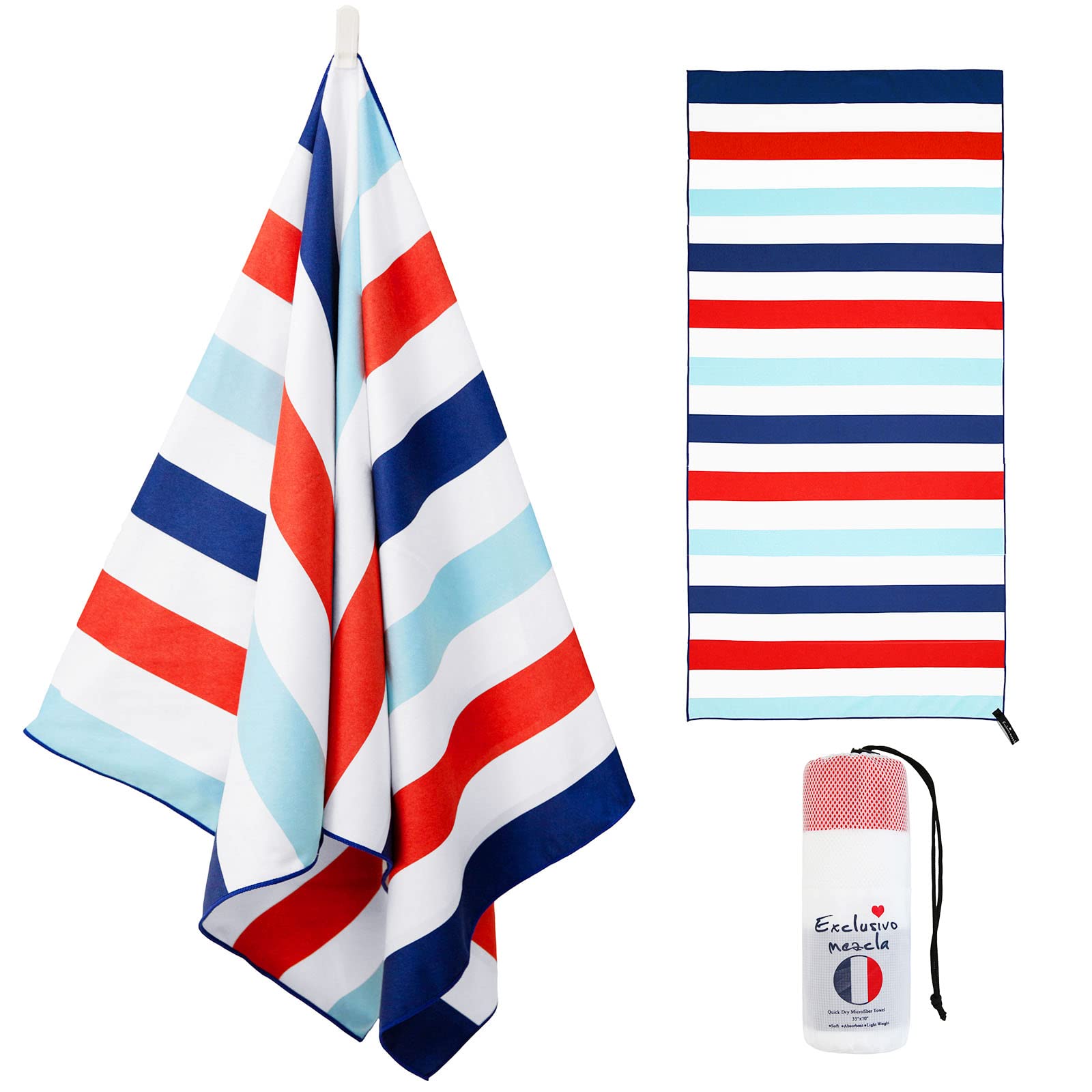 Exclusivo Mezcla Microfiber Quick Dry Beach Towel, Oversized Sand Free Beach Towel for Travel/Camping/Sports (Striped Navy, 88x178 CM - Super Absorbent, Compact and Lightweight