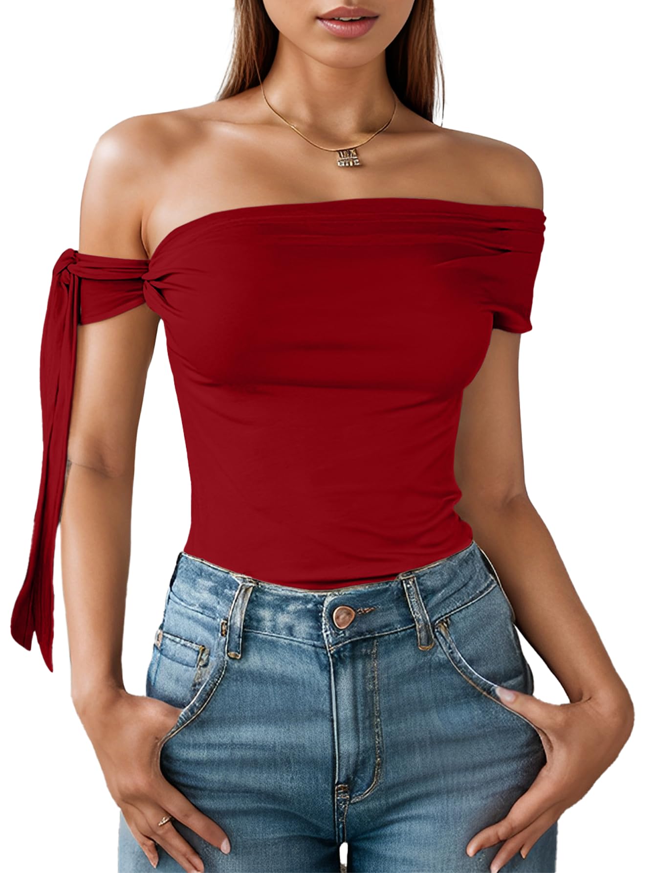 Photo 1 of DIKGROP Off The Shoulder Tops for Women Tie Shoulder Ruched Going Out Slim Fit Sexy Solid Y2K Summer Tops Red