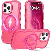 Amzfield for iPhone 15 Pro Case, Compatible with Magsafe with Invisible Magnetic Ring Stand Wavy Frame Cute Translucent Matte Hard Back Silicone Bumper Shockproof Phone Case Women Girls, Hot Pink