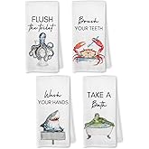 VRW Funny Coastal Beach Kids Bathroom Decor Towels, Ocean Beachy Octopus Crab Shark Turtle Bathroom Hand Towels Decorative, Wash Your Hands Decor, Beach Gifts for Boys Girls, 16x24 Inches Set of 4