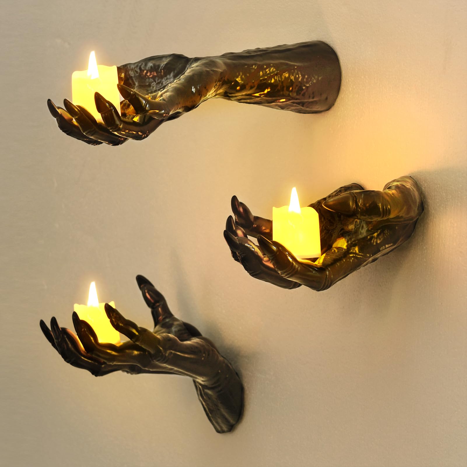 Photo 1 of *Different that picture/look at picture* Halloween Decorations Indoor Gothic Decor: Pack of 3 Wall Mounted Creepy Reaching Hands with Lighted Candles for Gothic Wall Decorations