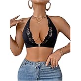 OYOANGLE Women's Lace Trim Front Closure Halter Bra Wireless Backless No Padding Soft Lace Bralette