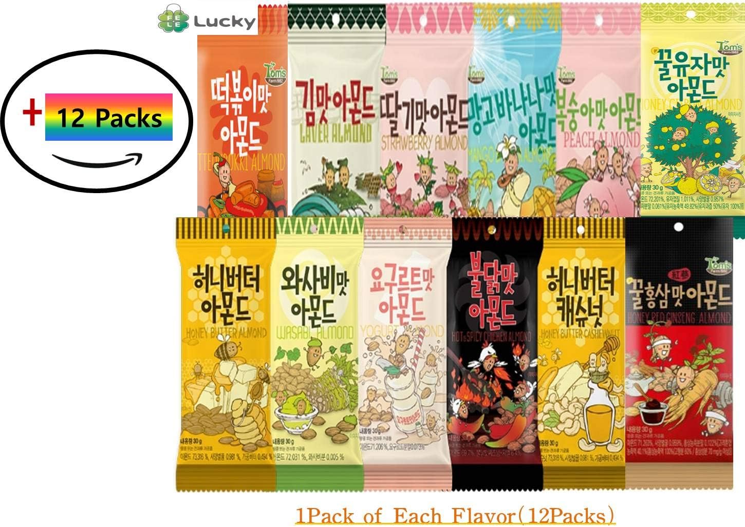 Gilim Farm Korean Seasoned Almonds 12Flavor-Honey Butter,Cashew Nut,Wasabi,Seaweed,Hot&Spicy,Yogurt,Strawberry,Peach,Mango Banana,HoneyRedgenseng,tteokbokki,honeyCitron Flavor-30gx12Packs,With Logo