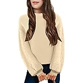 Arshiner Girls Crewneck Sweaters Chunky Lantern Sleeve Knit Jumper Tops Casual Drop Shoulder Pullover Outwear for 5-13 Years