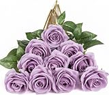 DuHouse 10Pcs Artificial Roses Silk Flowers Realistic Bridal Bouquets Lilac