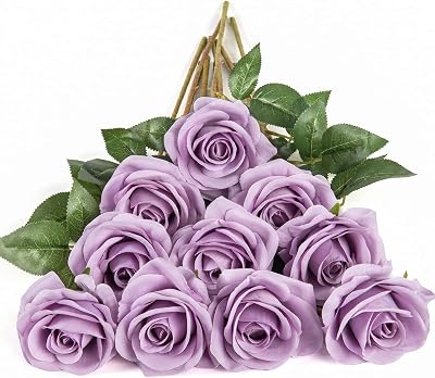 DuHouse 10Pcs Artificial Roses Silk Flowers Realistic Bridal Bouquets Lilac