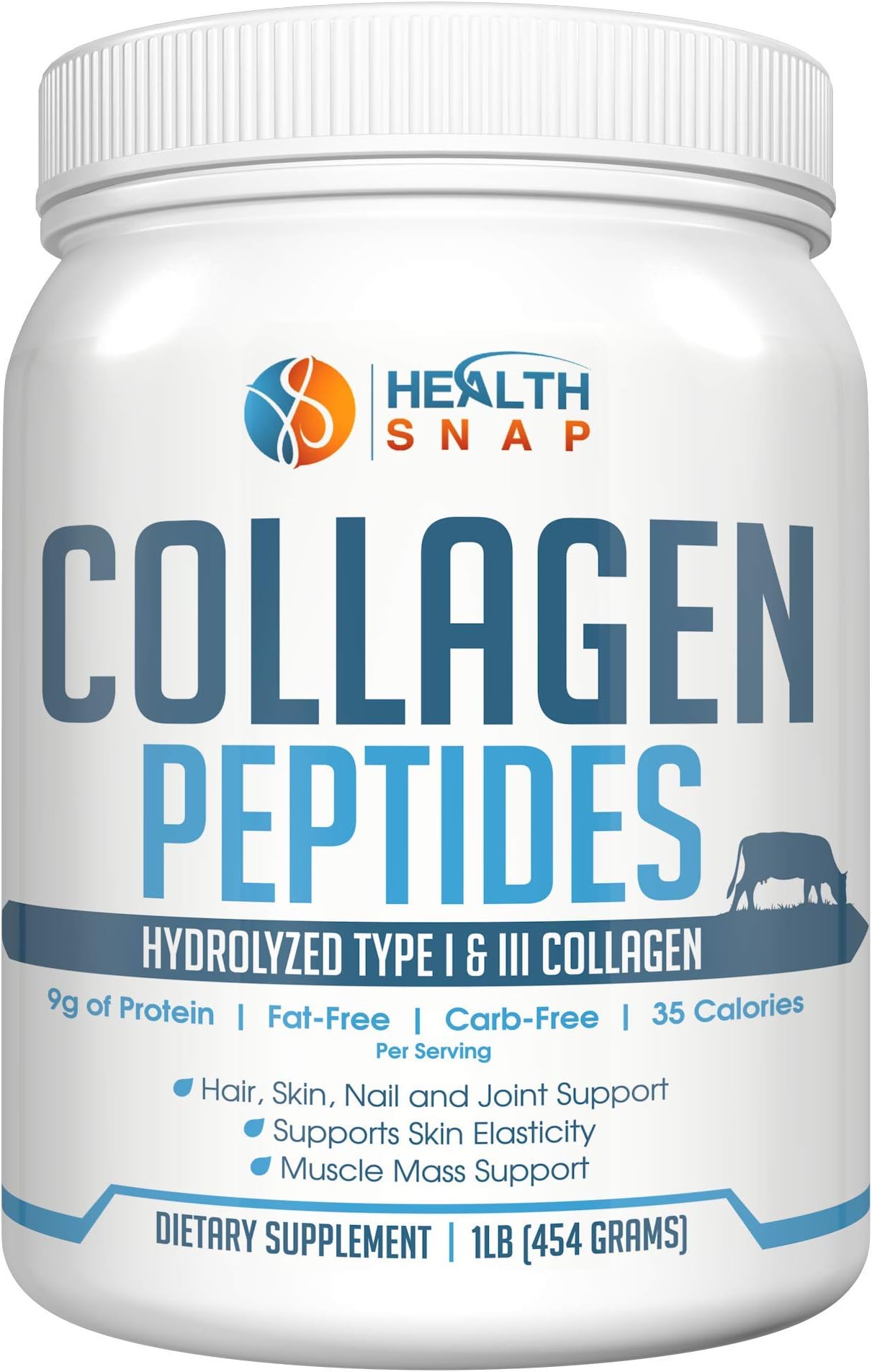 Grass-Fed Collagen Peptides Powder – Hydrolyzed Type I and III Collagen - Unflavored, Paleo-Friendly and Non-GMO for Healthy Hair, Skin, Nails and Joint Support (16 oz) - Free eBook + Recipes Included